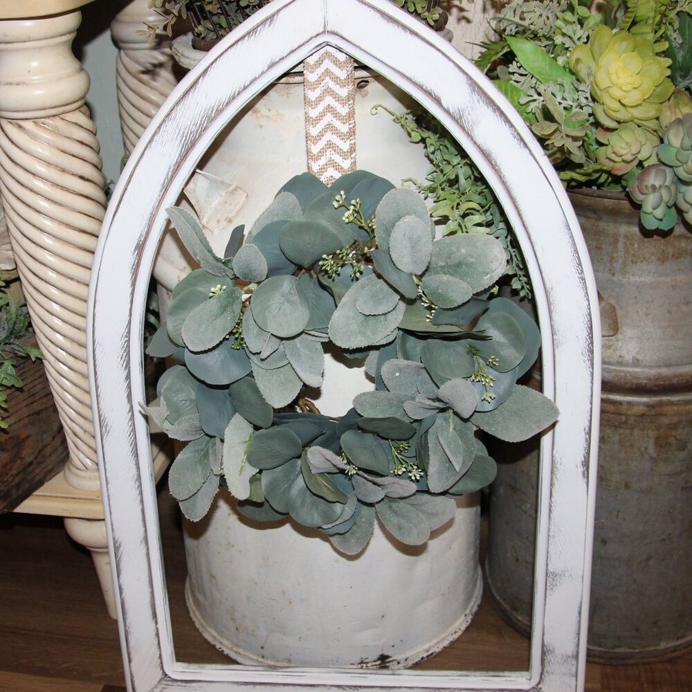 White Shabby Distressed French Country Farmhouse Wall Decor Arch w/Wreath